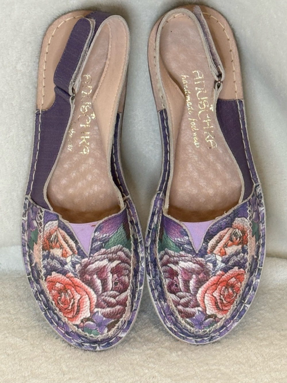 Anuschka Hand-painted Purple Floral Leather Slingback Sandals Cruise Resort 8.5